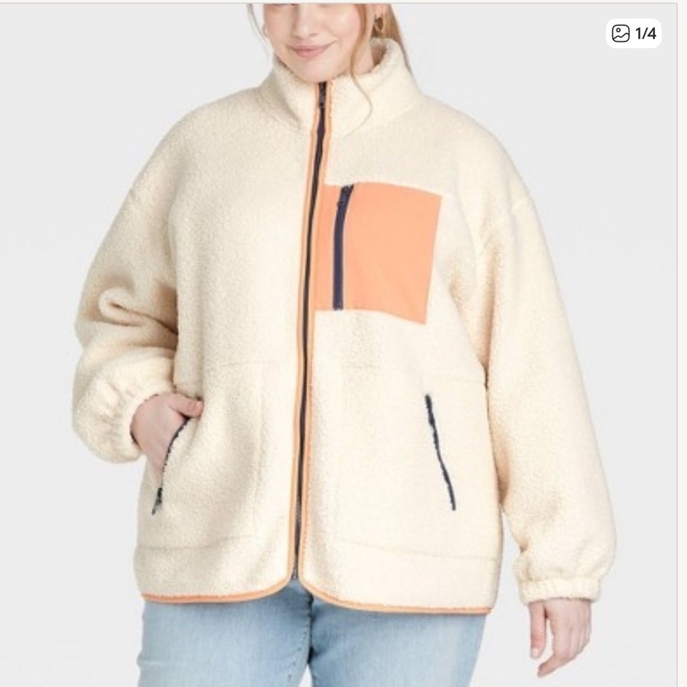 Universal Thread Women's 2X Sherpa Fleece Jacket Zip Up Cream Peach Pocket